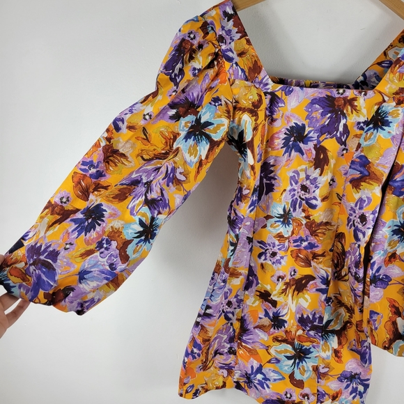 Zara Camilla Floral Square Neck Off The Shoulder Balloon Sleeve Mini Dress - Picture 5 of 11